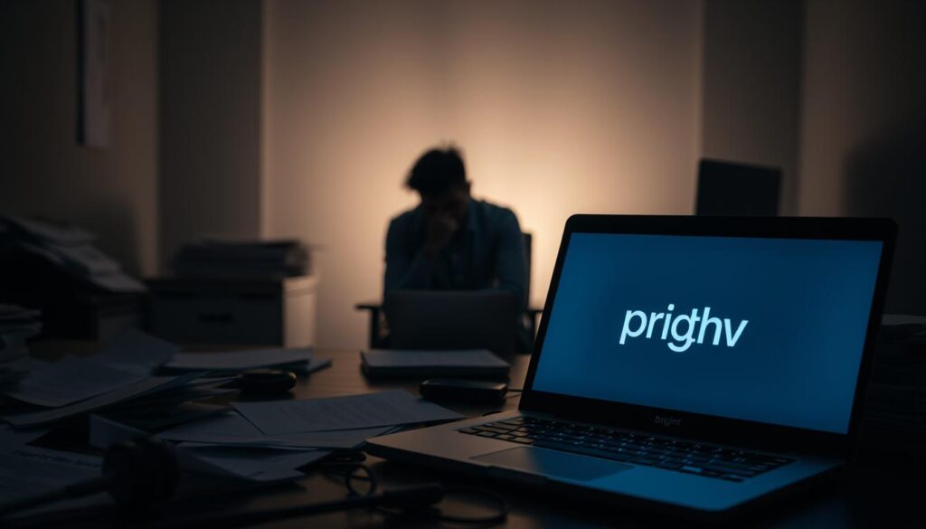 A dimly lit office space, with a sense of legal ambiguity. In the foreground, a laptop displays the "iptv bright" brand, its screen casting a soft glow across a cluttered desk. Scattered papers and legal documents hint at the gray area surrounding IPTV services. In the middle ground, a person sits contemplatively, their face obscured by shadows, symbolizing the uncertainty of the situation. The background is hazy, with muted tones and a sense of unease, reflecting the complex and murky nature of the IPTV landscape.