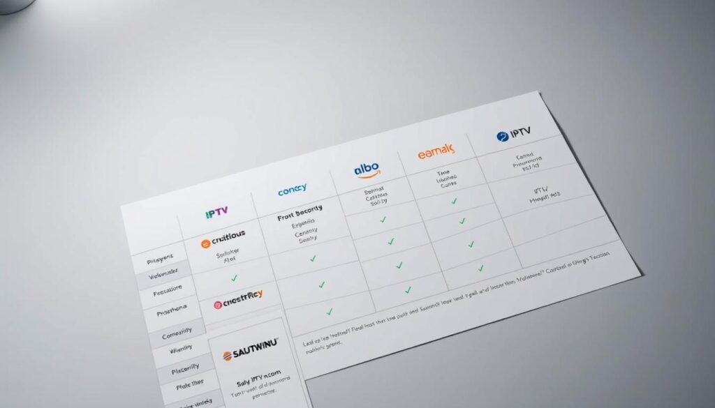 A high-angle shot showcasing a neatly organized comparison table of popular IPTV services in the United States. The table features sleek, minimalist design with clean typography and crisp, high-quality icons representing each service. The background is a soft, muted gradient, allowing the table to take center stage. Subtle lighting from the top left casts a gentle, professional glow over the scene, creating a sense of authority and trustworthiness. The overall impression is one of a comprehensive, well-researched guide to help viewers make an informed decision about the best IPTV service for their needs.