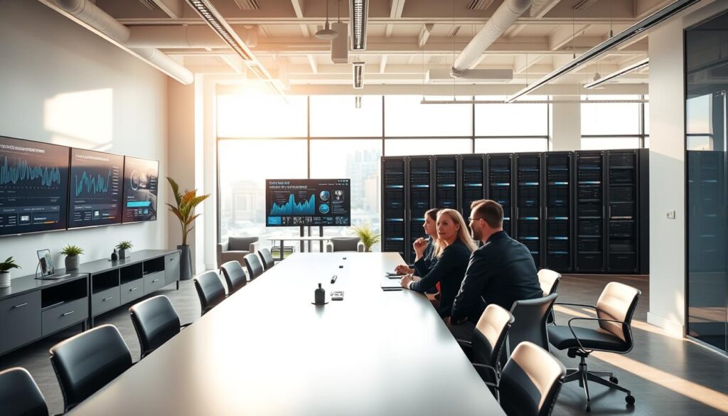 A modern, professional IPTV provider's office interior. A spacious open-plan layout with sleek, minimalist furniture and decor. Large windows flood the room with natural light, casting a warm, productive atmosphere. In the foreground, a group of employees collaborating at a long conference table, deep in discussion. On the walls, displays show real-time IPTV service data and analytics. In the background, a server rack hums quietly, powering the reliable streaming infrastructure. The scene conveys the IPTV provider's commitment to innovation, efficiency, and delivering a top-notch experience for their Canadian resellers.