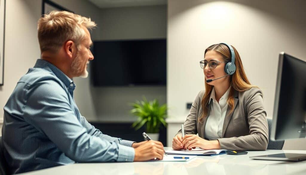 A professional, well-lit office setting with a customer service agent assisting an IPTV subscriber. The agent, seated at a desk, is attentively listening and taking notes, conveying a sense of empathy and dedication to resolving the customer's inquiry. The background features modern, minimalist decor with muted tones, creating a calming atmosphere. Soft, directional lighting illuminates the scene, highlighting the interaction between the agent and the customer. The angle captures the scene from a slightly elevated perspective, emphasizing the collaborative nature of the exchange.