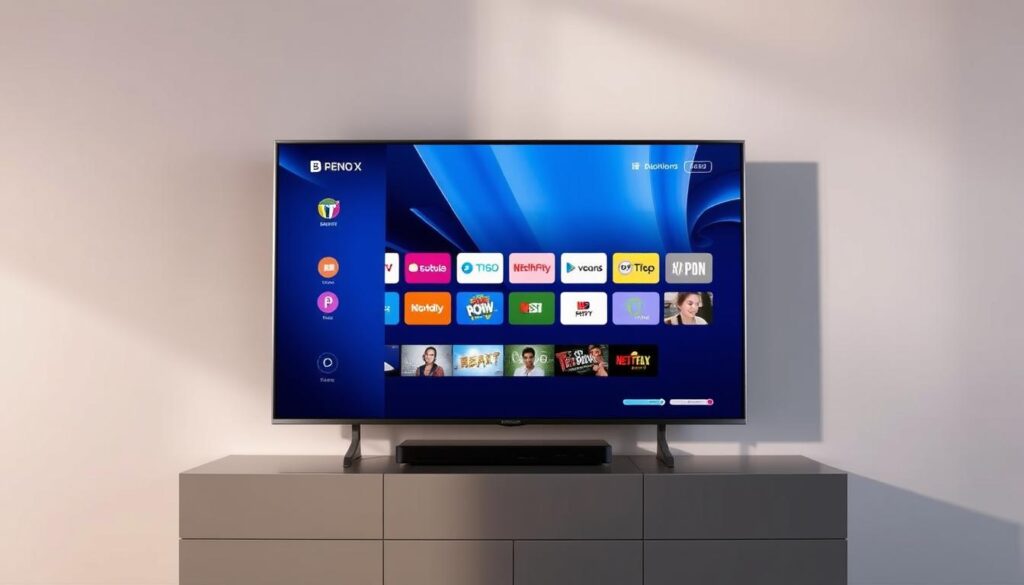 A sleek and modern IPTV interface displayed on a high-resolution screen, showcasing a clean and intuitive design with crisp graphics and vibrant colors. The screen is surrounded by a premium-looking minimalist frame, conveying a sense of quality and sophistication. The lighting is soft and diffused, creating a warm and inviting atmosphere. The overall composition emphasizes the seamless user experience and the premium nature of the IPTV BRIGHT streaming service, perfectly capturing the essence of the "Premium Streaming Solutions" section.