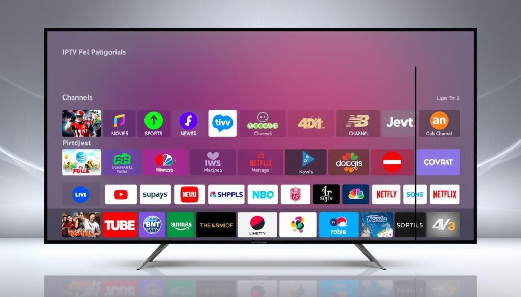 A sleek and modern IPTV interface showcasing the diverse channel packages offered by IPTV BRIGHT. The display features a clean, minimalist design with a grid-like layout of channel logos and thumbnails. The foreground highlights the main entertainment categories, such as movies, sports, and news, with vibrant icons and labels. The middle ground showcases a selection of popular channel logos in a visually appealing arrangement. The background features a subtle, gradient-based pattern that creates a sense of depth and sophistication. The overall composition conveys the breadth and quality of IPTV BRIGHT's comprehensive channel offerings, with a visually striking and professional aesthetic.