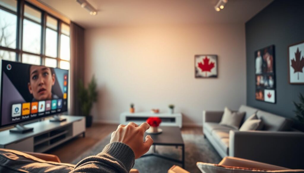A sleek and modern living room, bathed in warm, natural lighting from large windows. In the foreground, a state-of-the-art television displays a vibrant IPTV interface, showcasing a diverse selection of live TV channels and on-demand streaming content. The user's hands are delicately navigating the intuitive controls, immersed in a seamless and enjoyable viewing experience. In the middle ground, a comfortable couch and coffee table create an inviting atmosphere, while the background features minimalist decor and subtle hints of Canadian elements, such as a maple leaf artwork or a hockey-themed accessory, reflecting the IPTV service's local focus.