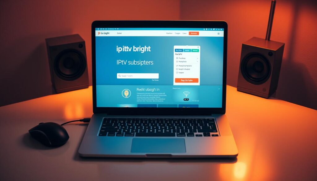 A sleek, minimalist desktop setup with a laptop, mouse, and keyboard. On the laptop screen, the "iptv bright" website is displayed, guiding the user through the IPTV subscription process. The desk is illuminated by warm, soft lighting, creating a cozy, inviting atmosphere. The composition emphasizes the user's interaction with the technology, reflecting the seamless and efficient IPTV subscription experience.