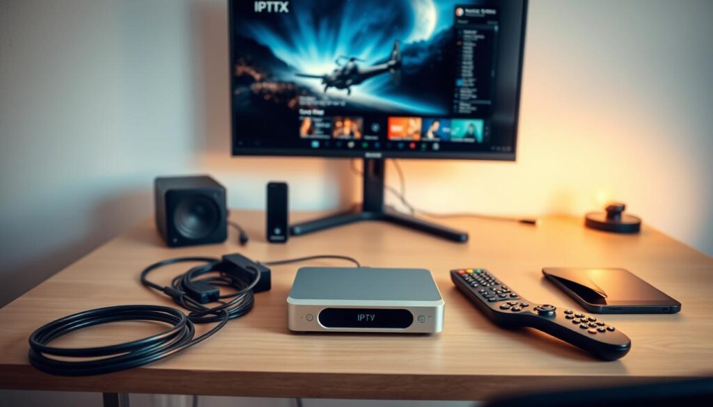 A sleek, minimalist home office setup showcases an IPTV streaming device prominently on the desk. Soft, warm lighting illuminates the scene, creating a cozy, inviting atmosphere. The device is nestled among neatly organized cables, remote controls, and a high-quality gaming monitor, hinting at the seamless integration of IPTV into a modern, tech-savvy lifestyle. The background features a clean, uncluttered wall, allowing the focus to remain on the setup process and the potential for an elevated streaming experience.