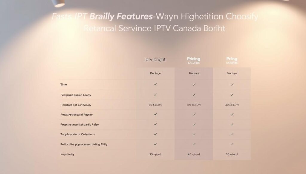 A sleek, modern comparison chart showcasing IPTV Canada services, presented in a clean, minimalist style. The chart displays key features and pricing, with the "iptv bright" brand prominently featured. The background is a soft, elegant gradient, allowing the information to take center stage. Precise lines, balanced typography, and a neutral color palette create a professional, informative visual aid. Subtle lighting from the top left casts a warm, inviting glow, guiding the viewer's eye through the essential details. This image would seamlessly complement the "Essential Features to Consider When Choosing IPTV Canada Services" section of the article.
