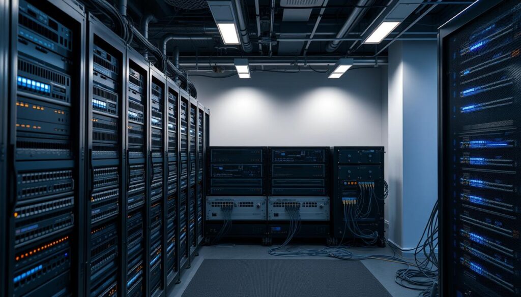 A state-of-the-art IPTV infrastructure system, showcasing a sleek server rack filled with cutting-edge networking equipment. The foreground features high-performance switches, routers, and media servers, all seamlessly integrated to deliver reliable, low-latency streaming. In the middle ground, neatly organized cables and fiber optic connections create a visually appealing, organized layout. The background depicts a minimalist, industrial-style environment with subdued lighting, emphasizing the technical prowess and efficiency of the IPTV setup. The overall scene conveys a sense of advanced, future-proof technology capable of powering a comprehensive IPTV reseller solution in Canada.