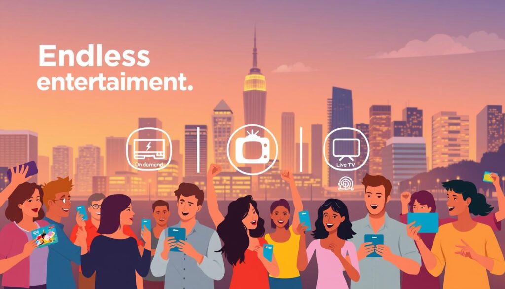 A vibrant and dynamic illustration showcasing the key benefits of IPTV services for Canadian viewers. In the foreground, a group of diverse people enthusiastically enjoying a wide range of content on their devices, representing the "endless entertainment" aspect. In the middle ground, prominent icons symbolizing features like on-demand streaming, live TV, and seamless integration across devices. In the background, a sleek and modern cityscape bathed in warm lighting, conveying the sense of convenience and accessibility of the "iptv bright" service. The overall mood is one of excitement, connectivity, and the freedom to enjoy entertainment on one's own terms.