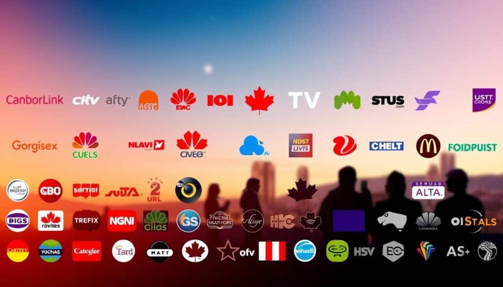 A vibrant array of Canadian IPTV channel logos and icons, showcased against a sleek, modern backdrop. The foreground features a visually striking collection of recognizable TV network emblems, conveying the breadth and diversity of content available. The middle ground depicts stylized silhouettes of people engaged in various viewing activities, evoking a sense of immersive entertainment. The background is a softly blurred, gradient-infused landscape, creating a sense of depth and emphasizing the seamless integration of digital media into everyday life. Warm, balanced lighting and a slightly cinematic, high-quality lens effect lend an air of professionalism and visual appeal to the scene.