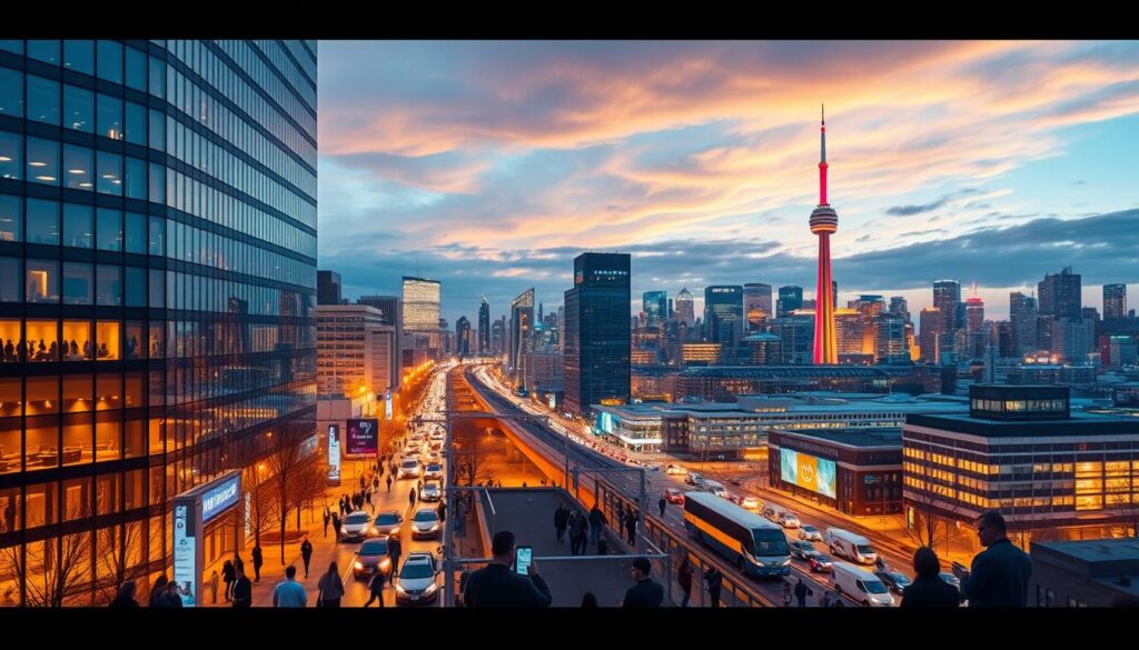 A vibrant cityscape of Ontario, Canada, illuminated by the glow of IPTV technology. In the foreground, a modern high-rise building with sleek, glass facades, symbolizing the innovative nature of IPTV. In the middle ground, busy streets bustling with people, their mobile devices connected to the latest IPTV services, showcasing the growing popularity of this technology. The background is a panoramic view of the Toronto skyline, with the CN Tower standing tall, representing the province's technological prowess. The scene is bathed in a warm, golden light, creating a sense of progress and prosperity. The overall composition conveys the dynamic and forward-thinking nature of IPTV in the thriving region of Ontario.