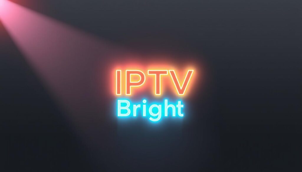 A vibrant, glowing "IPTV Bright" logo against a sleek, minimalist background. The logo is rendered in a bold, modern font with a slightly translucent, neon-like quality, emanating a soft, warm glow. The background is a simple, muted gradient, creating a sense of depth and focus on the central logo. Crisp, directional lighting from the top left casts subtle shadows, adding depth and dimension to the design. The overall impression is one of a premium, professional IPTV service - reliable, sophisticated, and visually appealing.