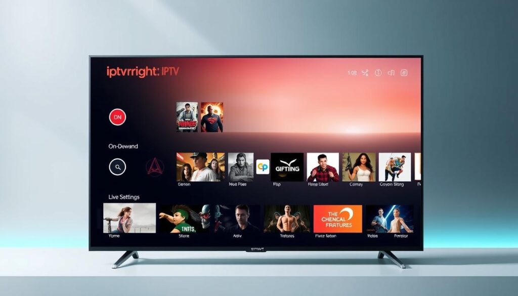 An advanced IPTV interface with the "iptv bright" brand, showcasing a sleek and intuitive layout. In the foreground, a large, high-definition display presents a diverse range of on-demand content, seamlessly integrated with live television channels. The middle ground features a minimalist control panel, allowing users to effortlessly navigate through various settings and personalization options. The background subtly depicts a modern, tech-savvy environment, with subtle lighting and clean lines complementing the overall aesthetic. The image conveys a sense of sophistication and ease of use, highlighting the advanced features that enhance the viewer's entertainment experience.