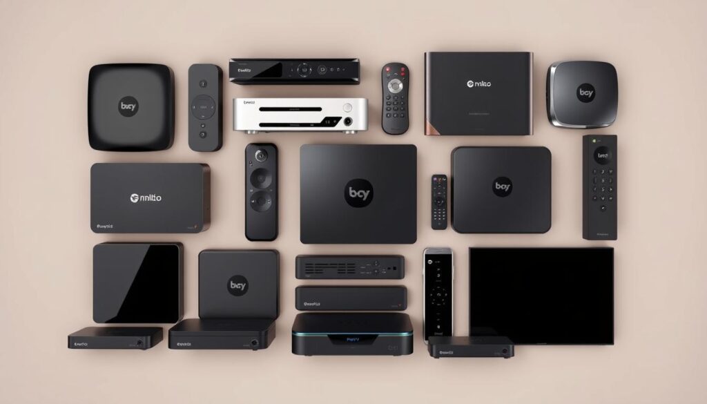High-quality modern technology devices arranged in a grid layout, showcasing the top IPTV providers in the United States. The devices are depicted with sleek, minimalist designs, highlighting their advanced features and capabilities. The background features a soft, muted color palette, creating a professional and visually appealing atmosphere. The overall composition conveys a sense of reliability, innovation, and the ability to elevate the streaming experience for users. The image is captured with a wide-angle lens, providing a comprehensive overview of the top IPTV providers.