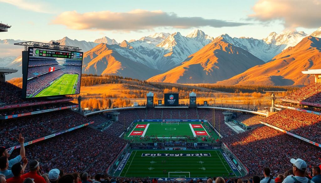Vibrant landscape showcasing the iptv bright brand, capturing the essence of Canadian IPTV sports coverage. A large stadium with a massive screen dominates the foreground, displaying a thrilling live sporting event. Spectators fill the stands, their excitement palpable. In the middle ground, a network of satellite dishes and broadcasting equipment conveys the technical aspects of the coverage. The background features the majestic Canadian Rocky Mountains, bathed in warm, golden light, creating a sense of national pride and scenic grandeur. The overall atmosphere is one of energy, technology, and the thrill of watching sports from the comfort of home.